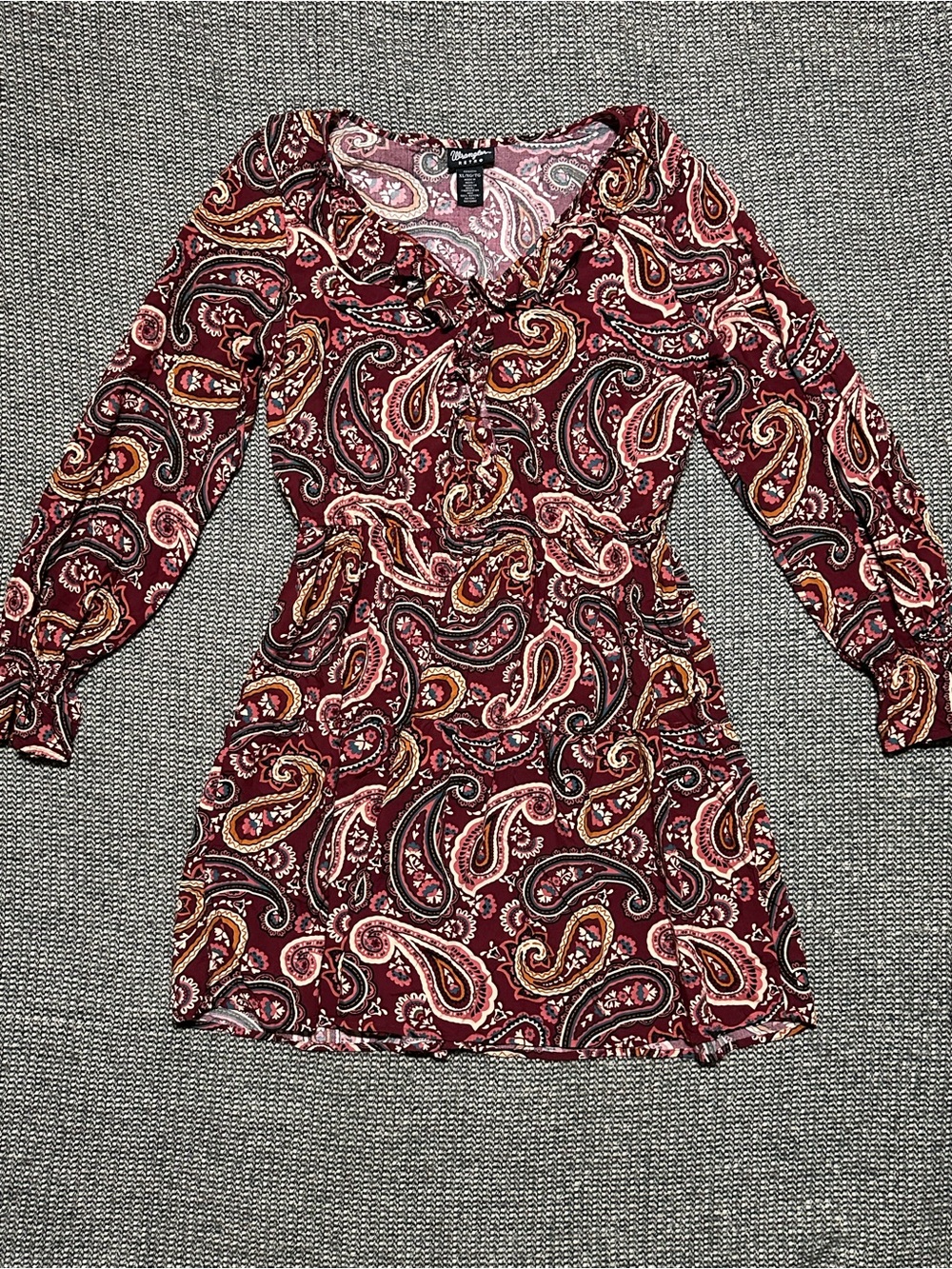Wrangler Retro Burgundy Paisley Long-Sleeve Ruffle-Trim Dress